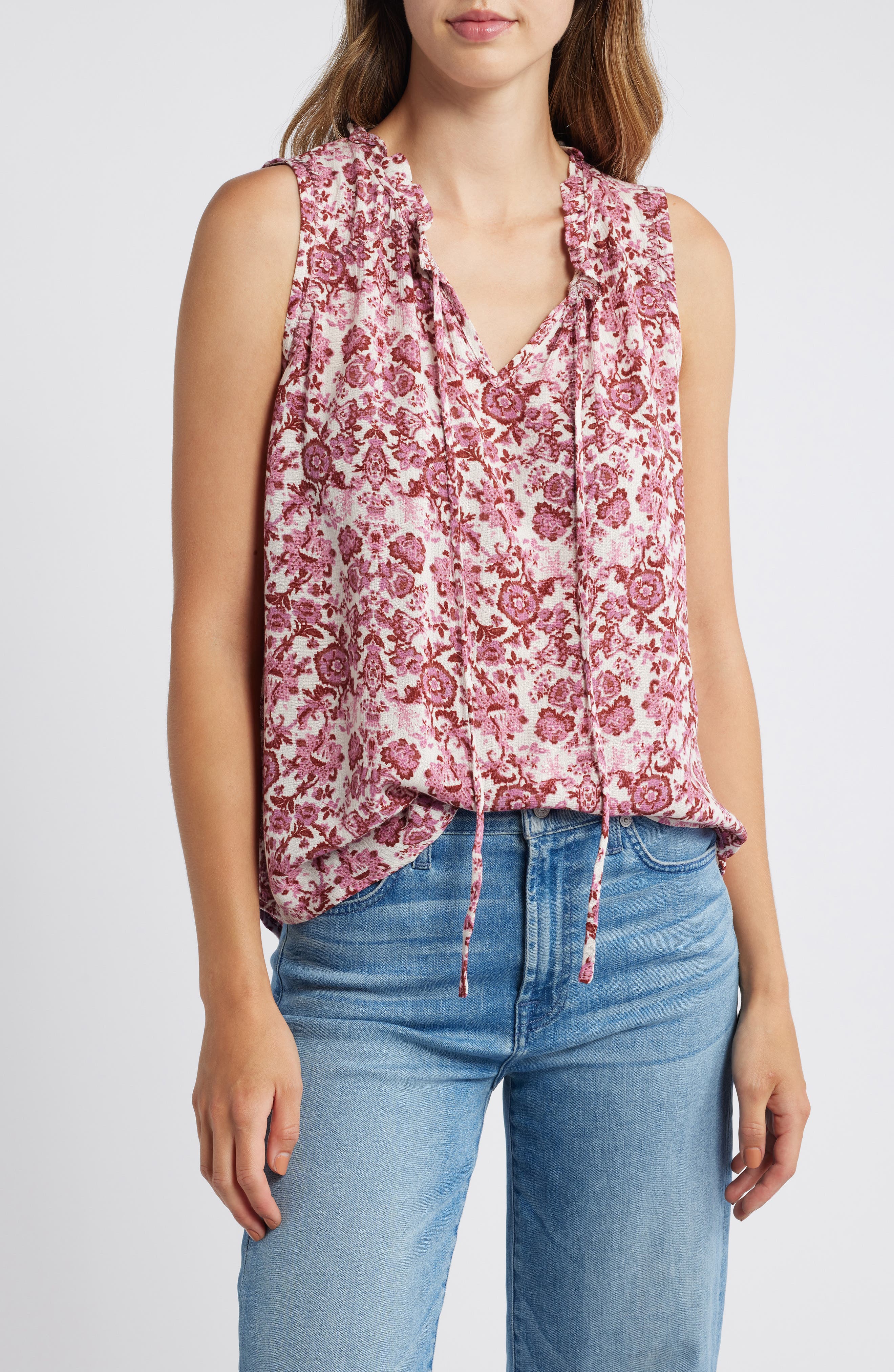 Bobeau Sleeveless Ruffle Neck Top in Rose Boho Paisley 