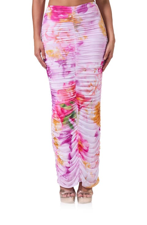 Josie Abstract Floral Ruched Mesh Maxi Skirt