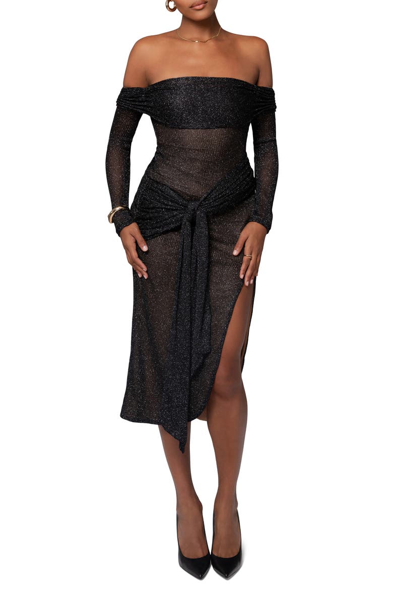 JLUXLABEL Island Elegance Metallic Long Sleeve Body-Con Cocktail Dress, Main, color, Black