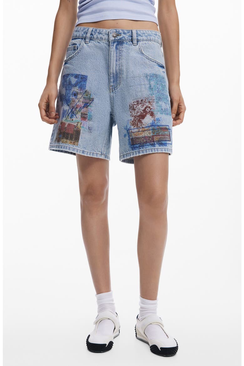 Patchwork Pattern Denim Shorts, Main, color, MEDIUM BLUE