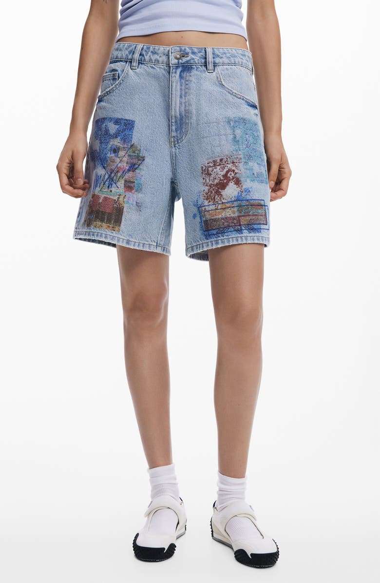 Desigual Patchwork Pattern Denim Shorts, Main, color, Medium Blue