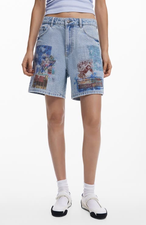 Patchwork Pattern Denim Shorts