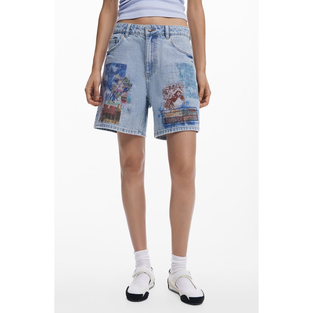 Desigual Patchwork Pattern Denim Shorts In Medium Blue