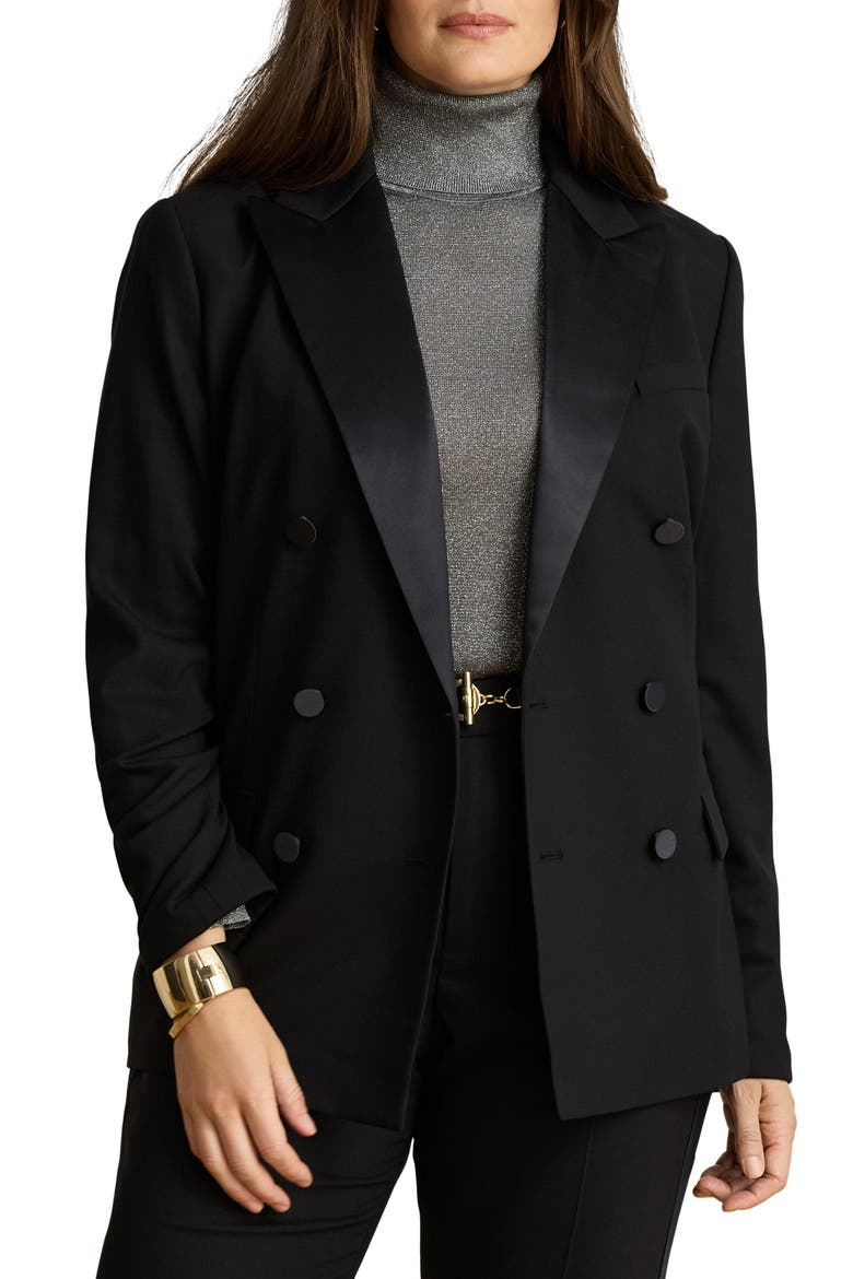 Satin-Trimmed Double Breasted Stretch Wool Blazer, Alternate, color, BLACK