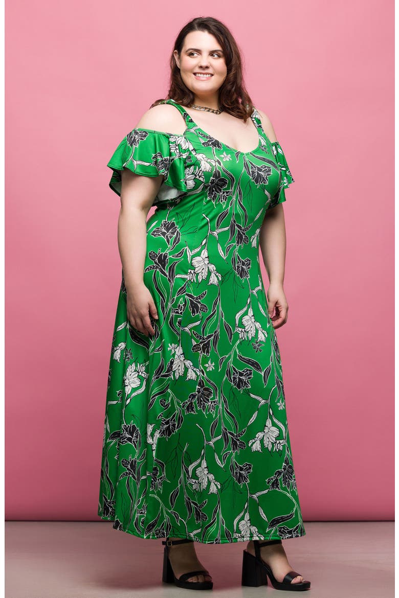 Printed Cold Shoulder Jersey Maxi Dress, Alternate, color, GREEN MULTI