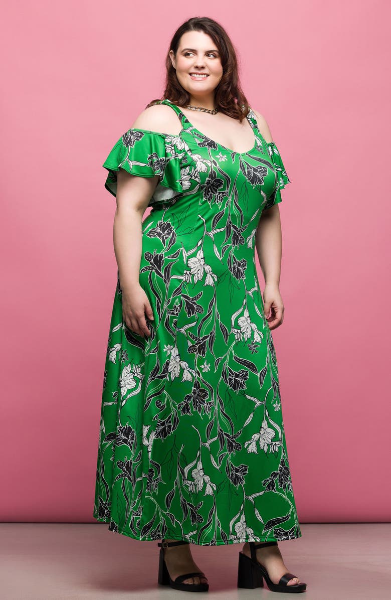 24seven Comfort Apparel Printed Cold Shoulder Jersey Maxi Dress, Alternate, color, Green Multi