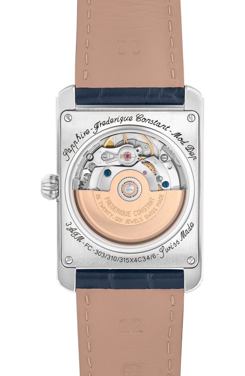 FREDERIQUE CONSTANT Classics Carrée Blue Leather Strap Watch, 30.4mm x 33mm, Alternate, color, Blue