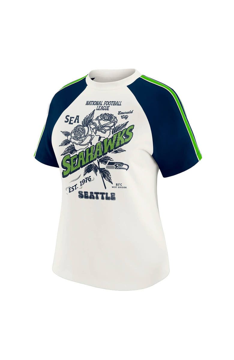 WEAR by Erin Andrews Women's WEAR by Erin Andrews White Seattle Seahawks Sleeve Stripe Distressed Raglan T-Shirt, Alternate, color, White