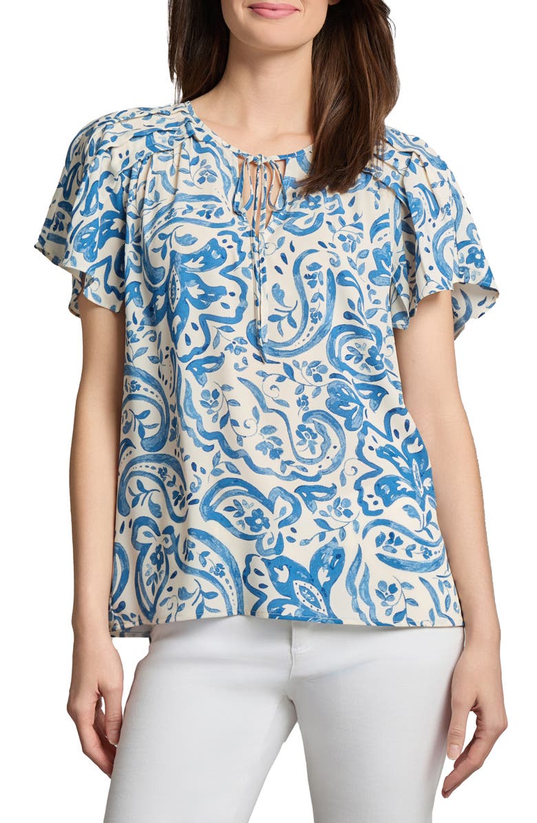 Jones New York Floral Pleated Shoulder Tie Neck Top, Main, color, 