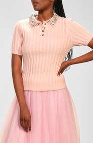Isaac Mizrahi New York Crystal Accent Polo Sweater