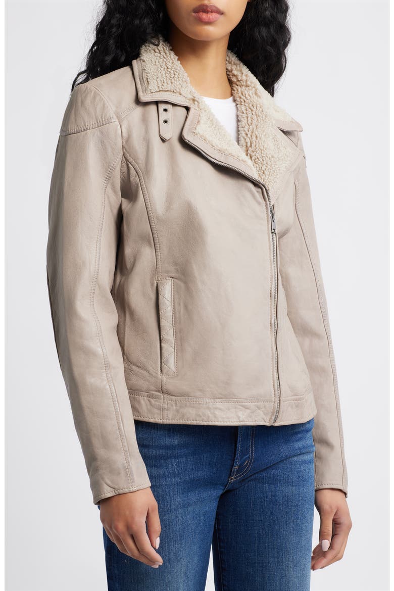 Jenja Fleece Lined Leather Moto Jacket, Alternate, color, STONE
