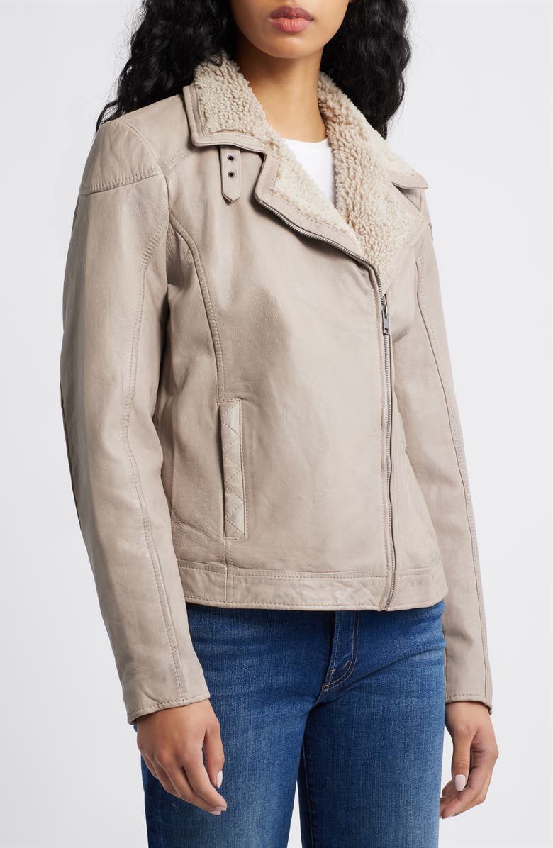 MAURITIUS Jenja Fleece Lined Leather Moto Jacket, Alternate, color, Stone