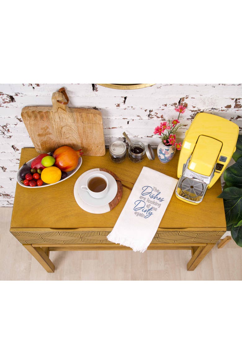 Dishes Looking At Embroidered Waffle Weave Kitchen Towel, Alternate, color, White
