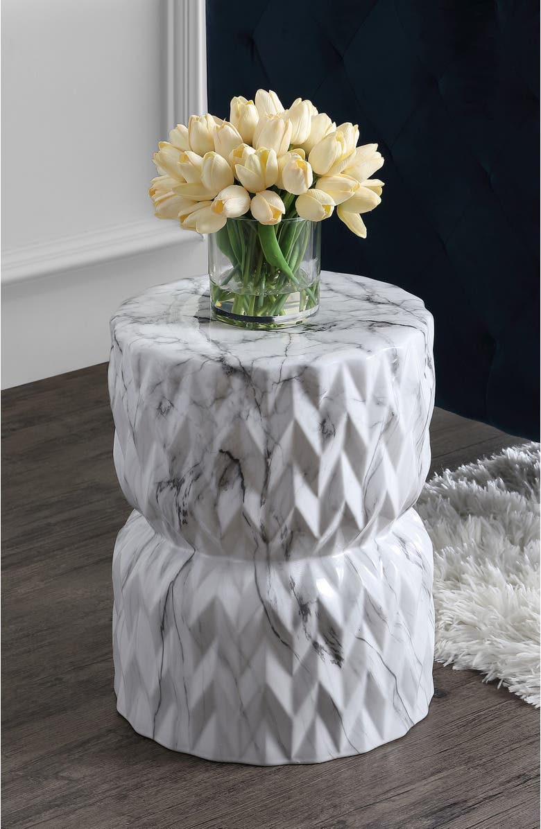 JONATHAN Y Chevron Drum 17.5" White Marble Finish Ceramic Garden Stool, Alternate, color, White Marble Finish