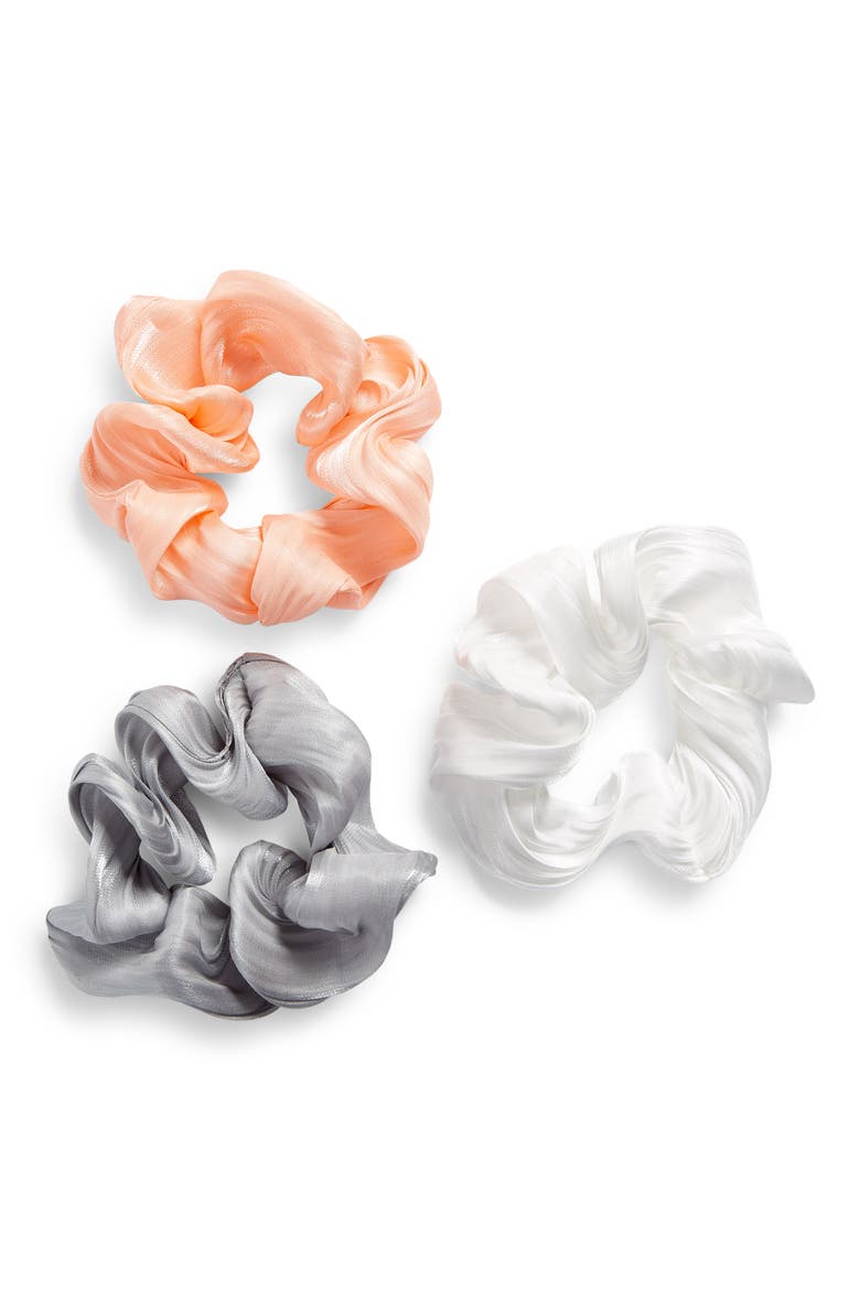 3-Pack Assorted Organza Scrunchies, Main, color, WHITE/ PINK/ GREY
