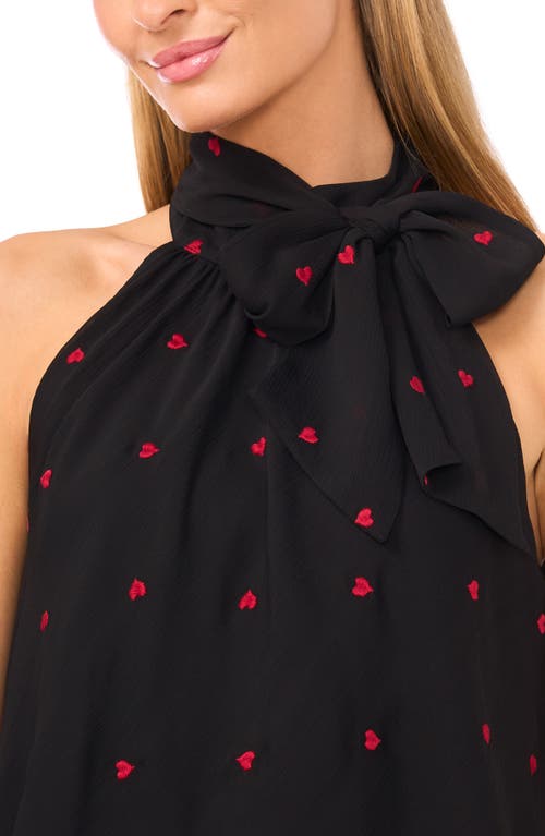 Cece Heart Embroidered Sleeveless Tie Neck Tiered Top In Black