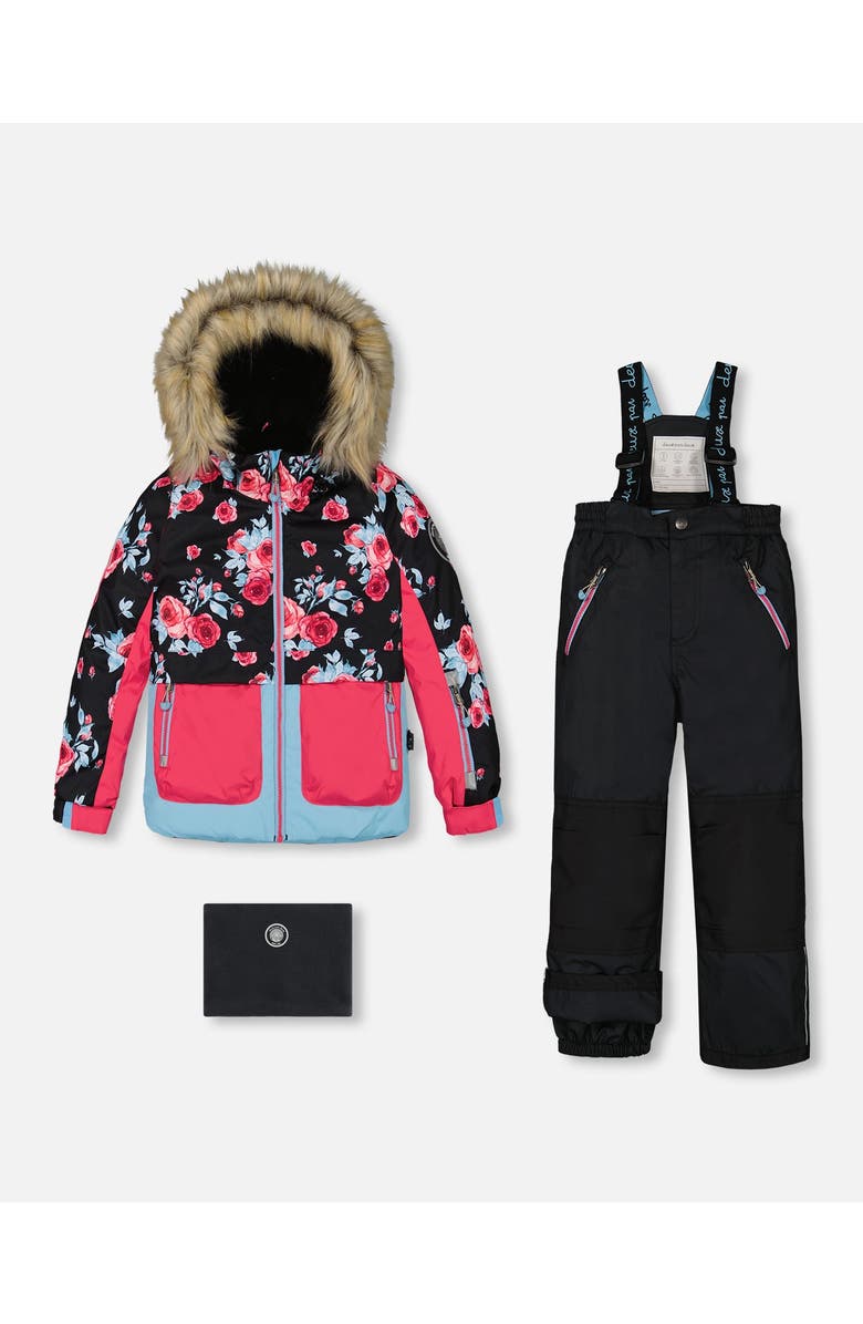Deux par Deux Girl's Two Piece Snowsuit Printed Roses With Solid Pant Black, Main, color, 