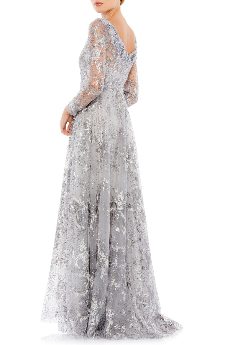 Floral Rhinestone Embroidered Sweetheart Illusion Long Sleeve Gown, Alternate, color, STERLING