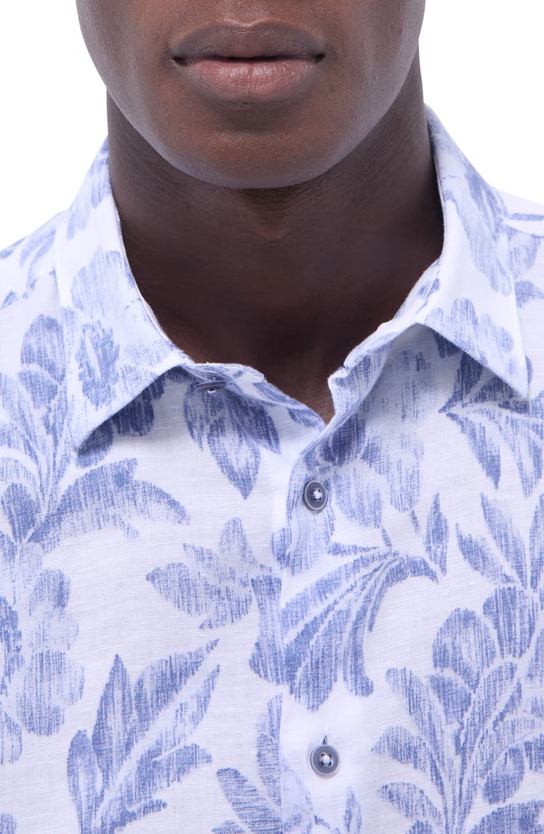 Bugatchi Julian Shaped Fit Linen Blend Button-Up Shirt, Alternate, color, Cobalt