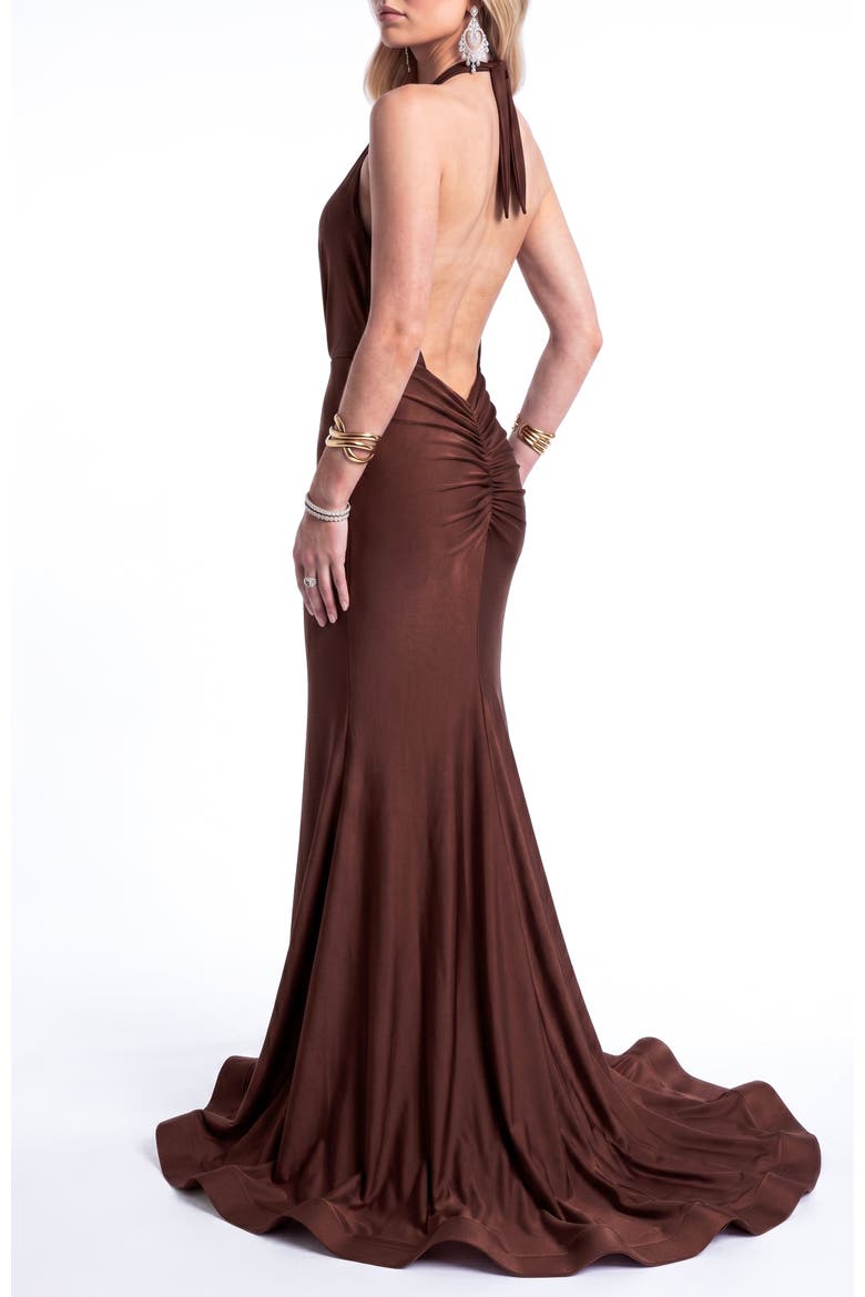 Plunging Halter Open-Back Mermaid Gown With Train, Alternate, color, Brown