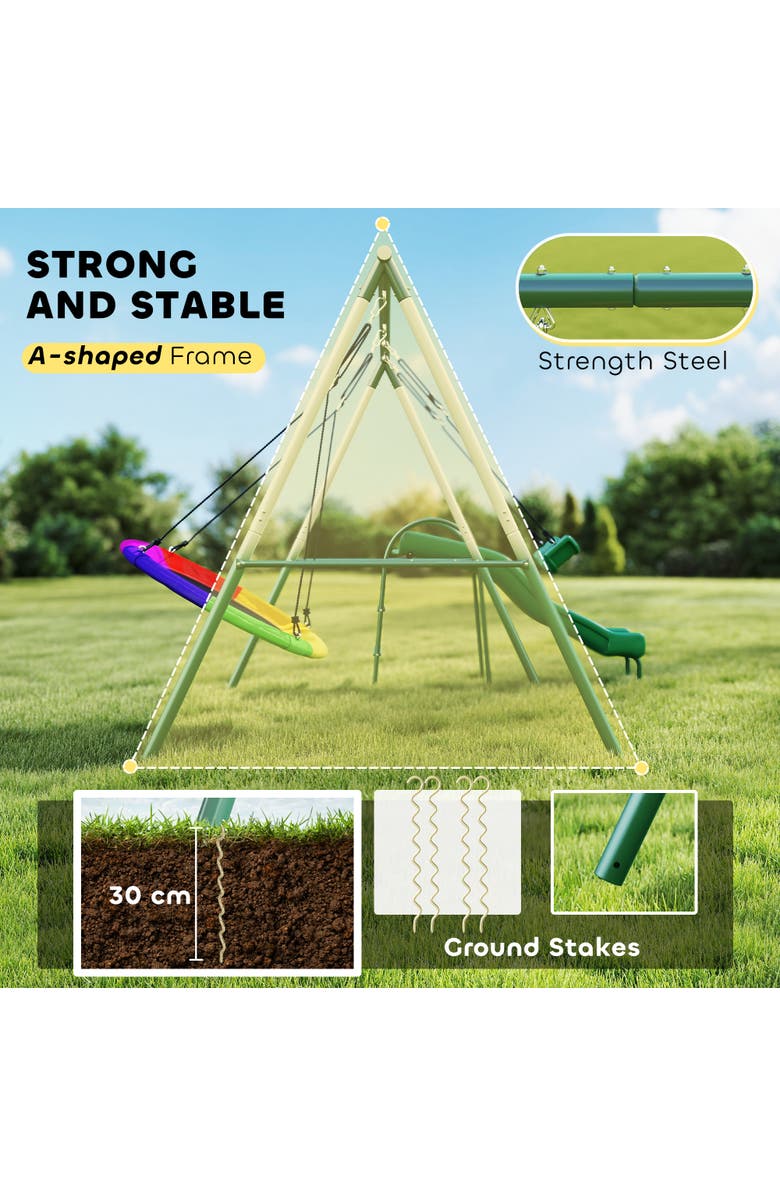 Qaba Metal Swing Set with Slide, Saucer Swing Seat, A-Frame Stand, Kids Ages 3-8, Alternate, color,