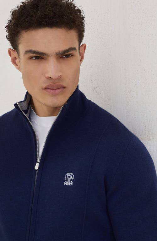 Brunello Cucinelli Zip-front Embroidered-logo Cardigan In Blue