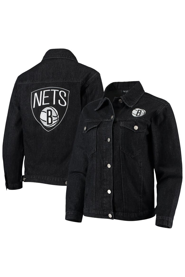 Women's The Wild Collective Black Brooklyn Nets Patch Denim Button-Up Jacket, Main, color, Black