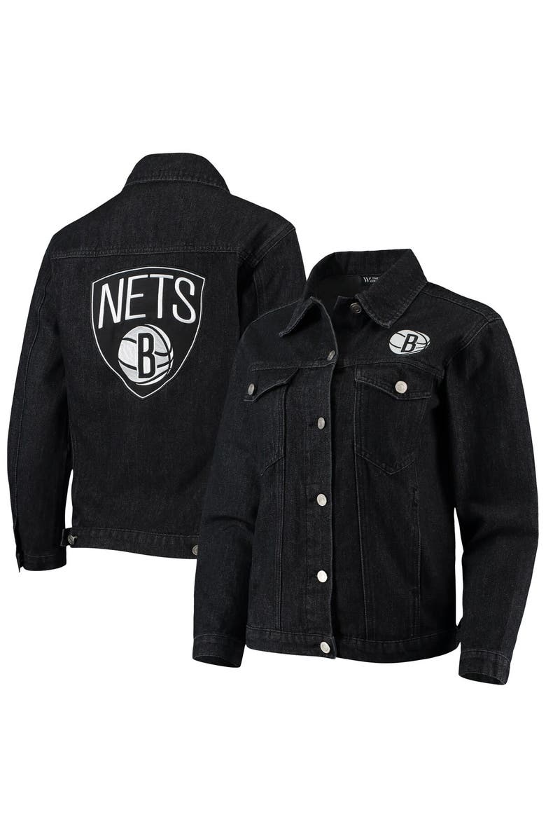 THE WILD COLLECTIVE Women's The Wild Collective Black Brooklyn Nets Patch Denim Button-Up Jacket, Main, color, Black