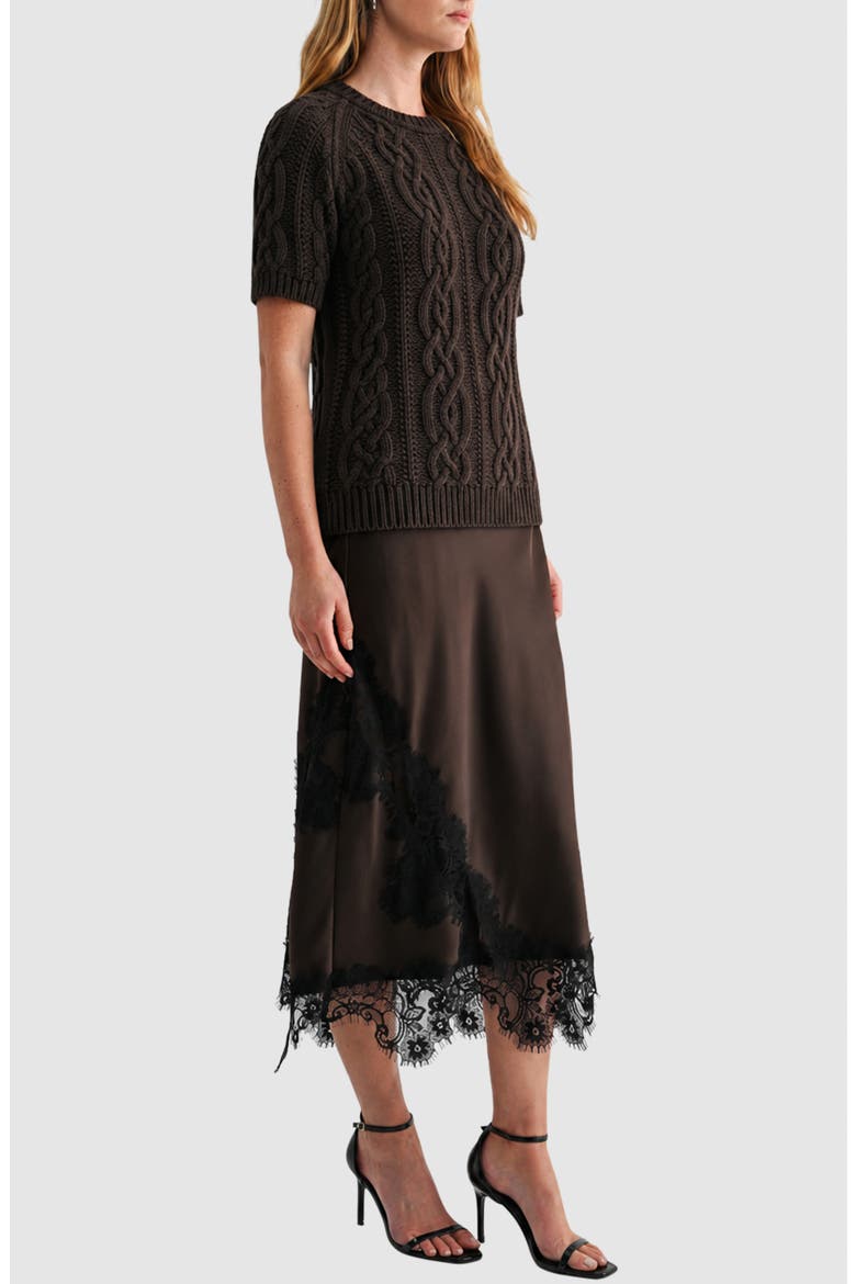 Cable Knit Short Sleeve Sweater, Alternate, color, DARK BROWN