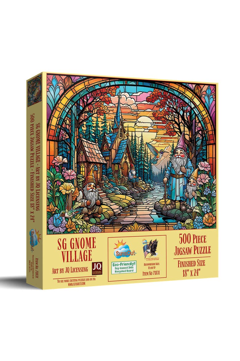 Stained Glass Gnome Village 500 piece Jigsaw Puzzle for Adults, Main, color, Multicolor