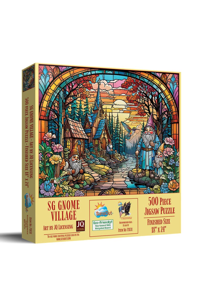 Sunsout Stained Glass Gnome Village 500 piece Jigsaw Puzzle for Adults, Main, color, Multicolor