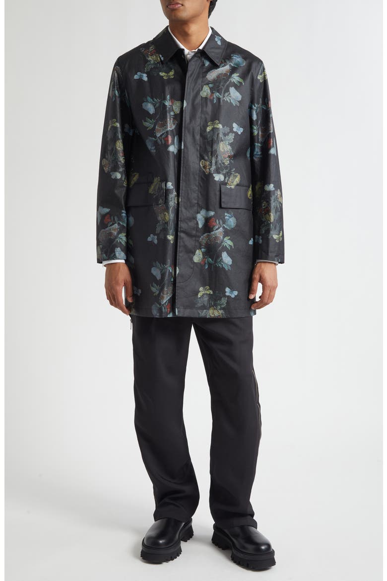 Floral Water Resistant Oiled Cotton Coat, Alternate, color, BLACK BASE
