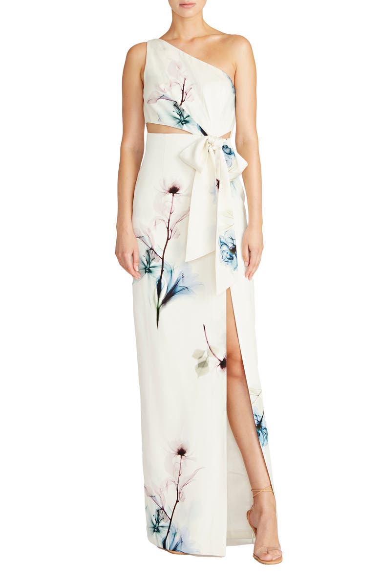 ML Monique Lhuillier Floral One-Shoulder Gown, Main, color, 