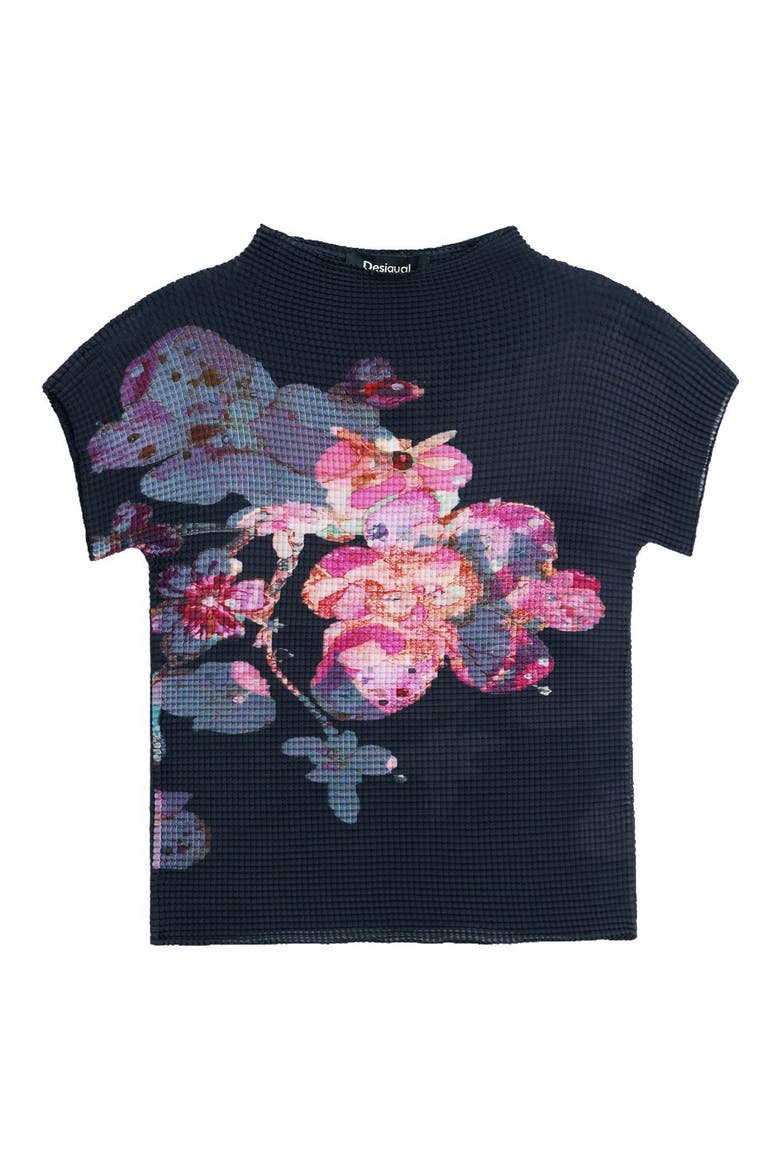 Floral Waffle Knit Top, Alternate, color, BLACK
