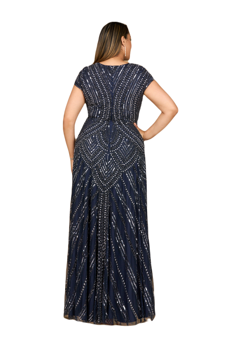 Cap Sleeve Beaded A-Line Gown, Alternate, color, Navy