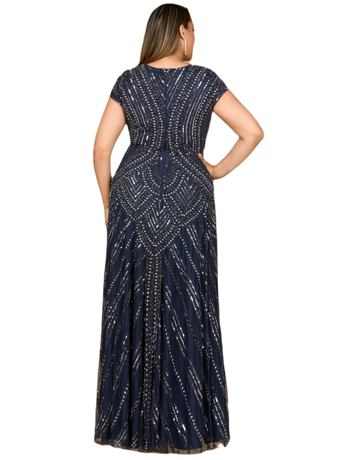 Lara New York Cap Sleeve Beaded A-line Gown In Navy