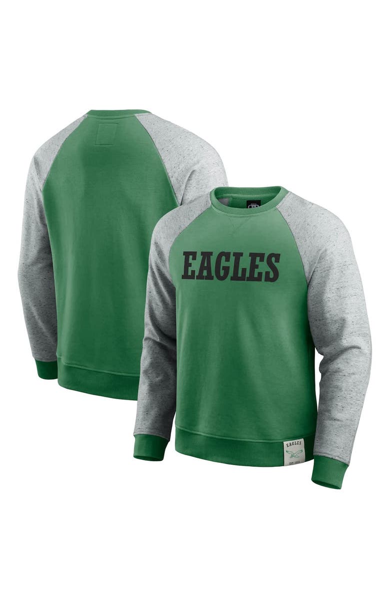 Darius Rucker Collection by Fanatics Men's Darius Rucker Collection by Fanatics Kelly Green/Heather Gray Philadelphia Eagles Throwback Color Block Raglan Pullover Sweatshirt, Main, color, 
