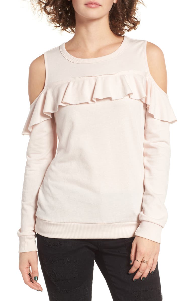 Socialite Ruffle Cold Shoulder Pullover, Main, color,
