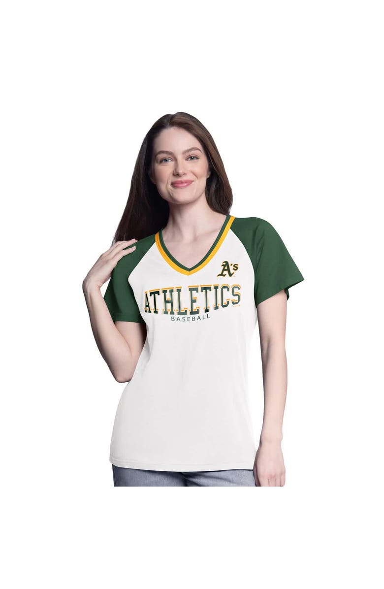 G-III 4HER BY CARL BANKS Women's G-III 4Her by Carl Banks White/Green Athletics Ball Park Raglan V-Neck T-Shirt, Main, color, White