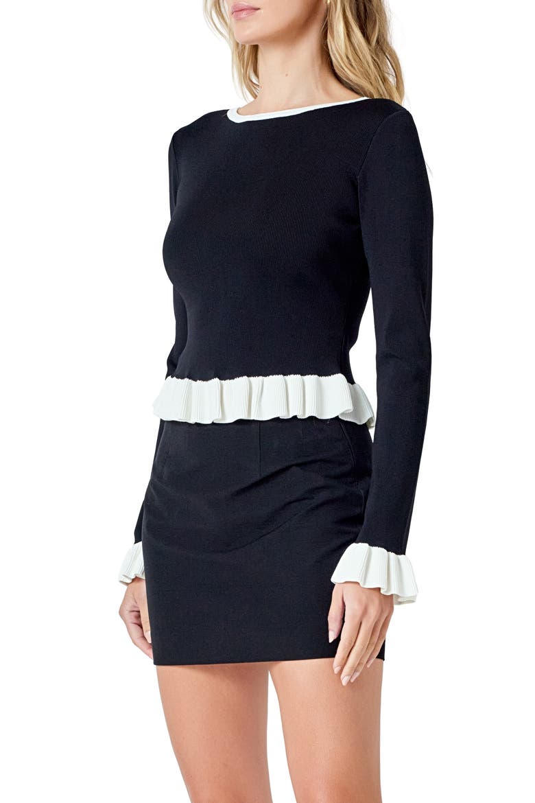 Rib Contrast Ruffle Trim Top, Alternate, color, BLACK
