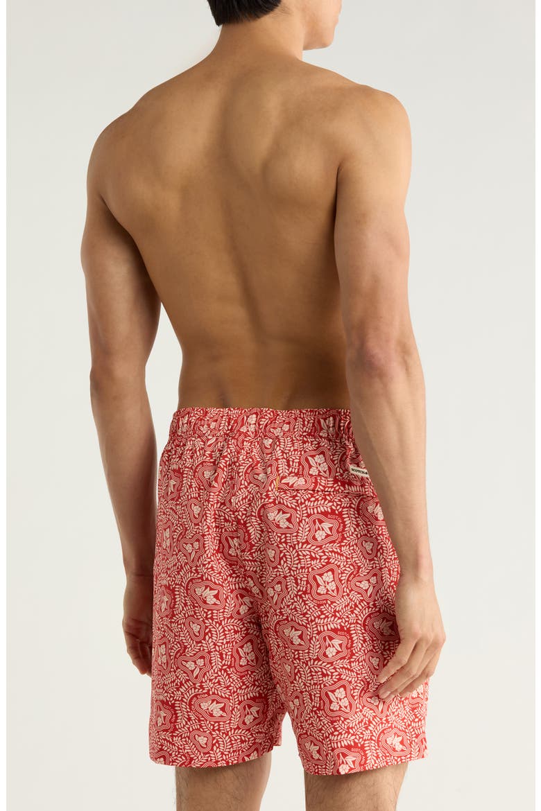 Leafy Floral Print Swim Trunks, Alternate, color, FIRE WHIRL