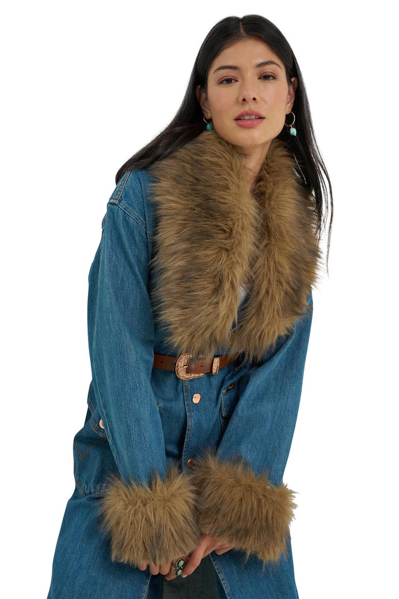 Faux Fur Trim Denim Coat, Alternate, color, DENIM