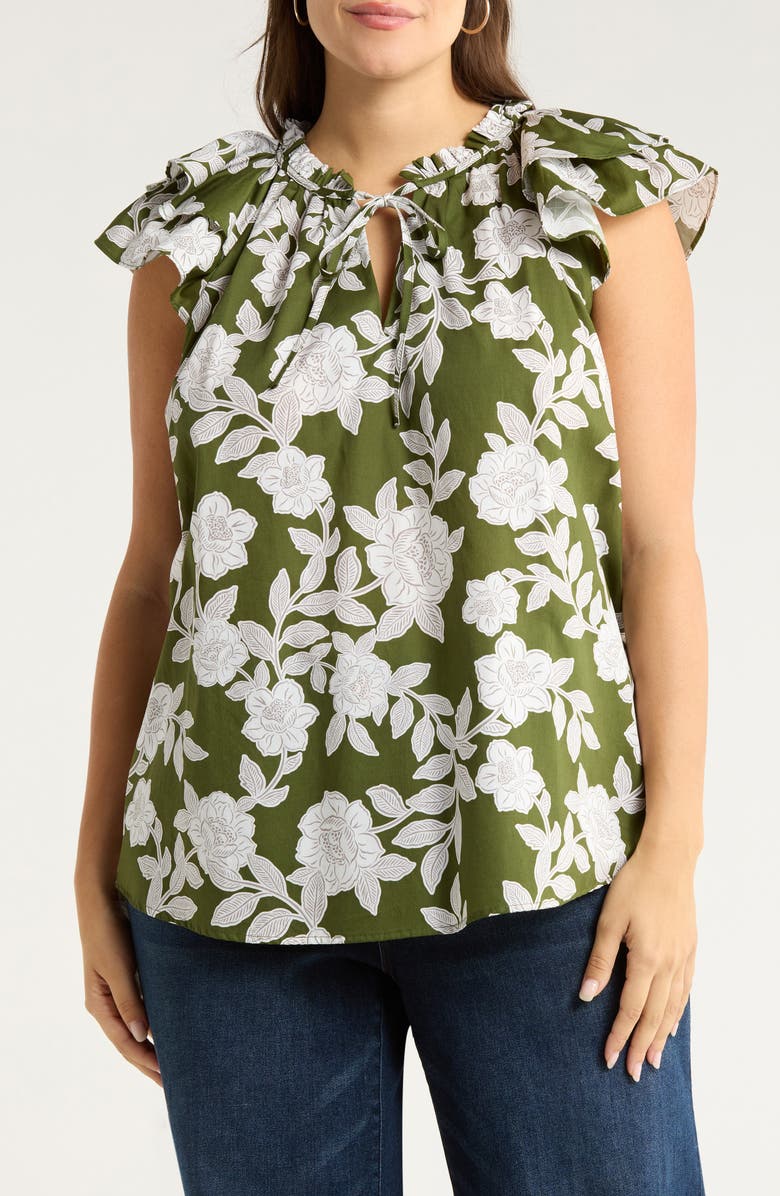 SUGARLIPS Haizley Floral Print Cap Sleeve Shirt, Main, color, Cream-Green