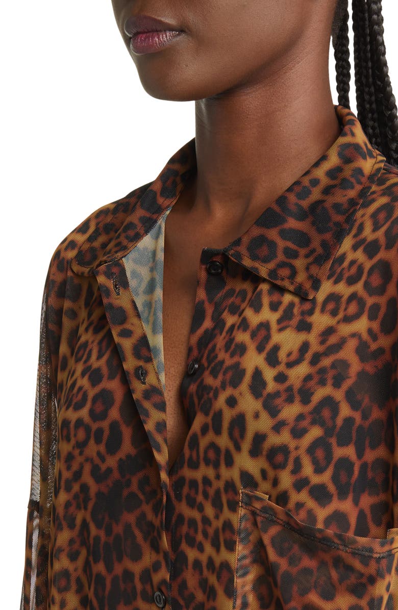 ASOS DESIGN Curve Leopard Print Mesh Button-Up Shirt, Alternate, color, 