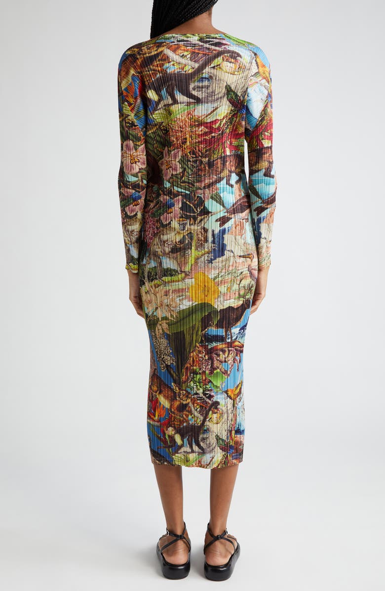 Pleats Please Issey Miyake Auroro Jungle Print Pleated Long Sleeve Midi Dress, Alternate, color, 