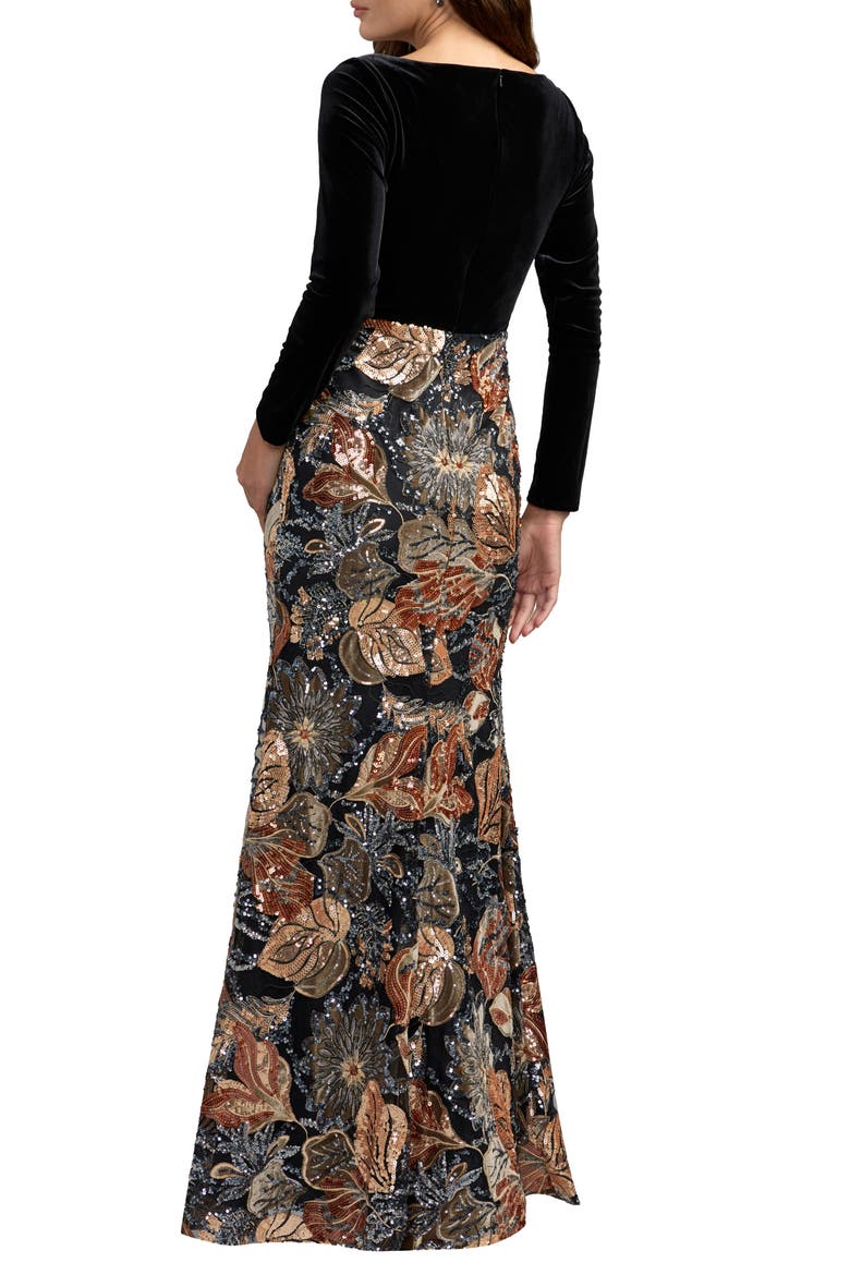Long Sleeve Floral Embellished Velvet Gown, Alternate, color, Black Multi