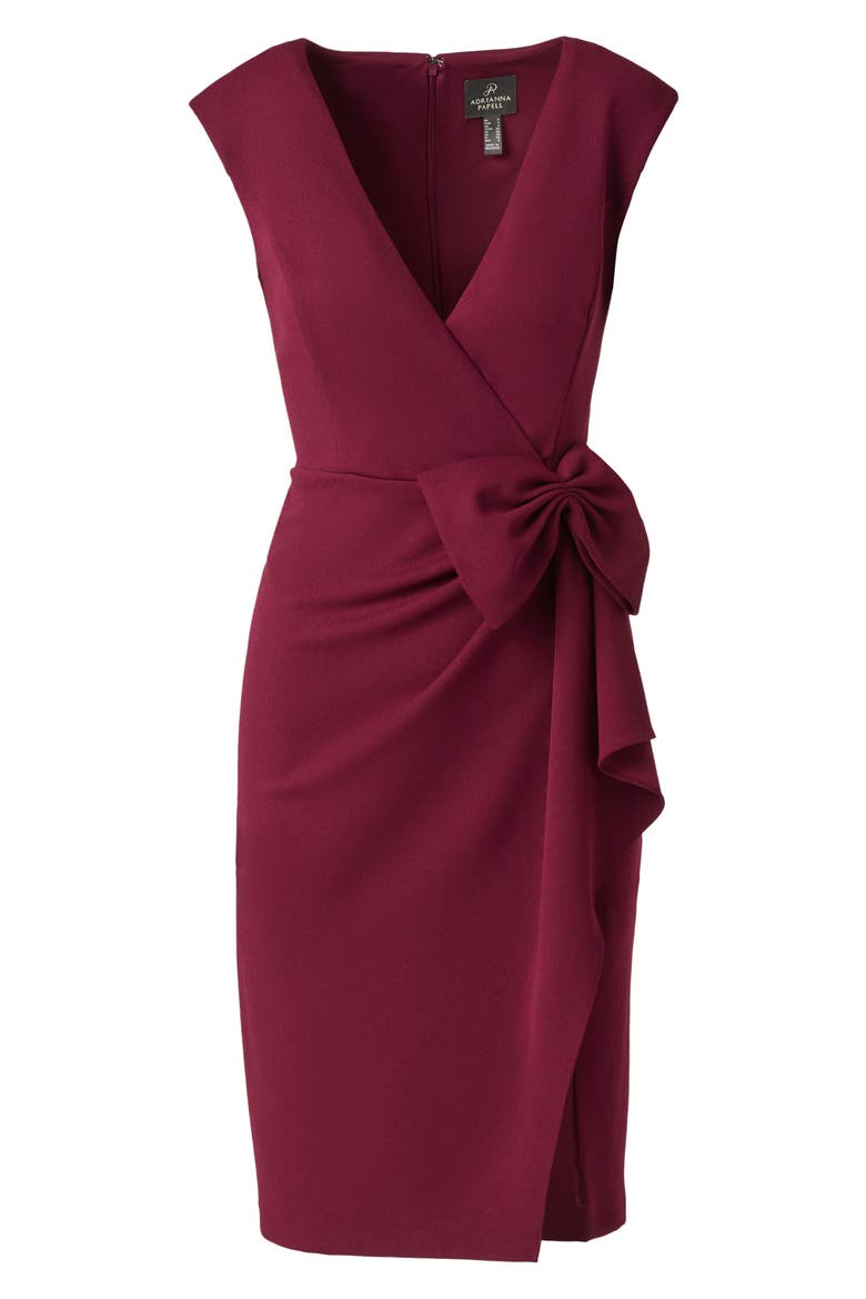 Sleeveless Bow Crepe Sheath Dress, Alternate, color, CABERNET