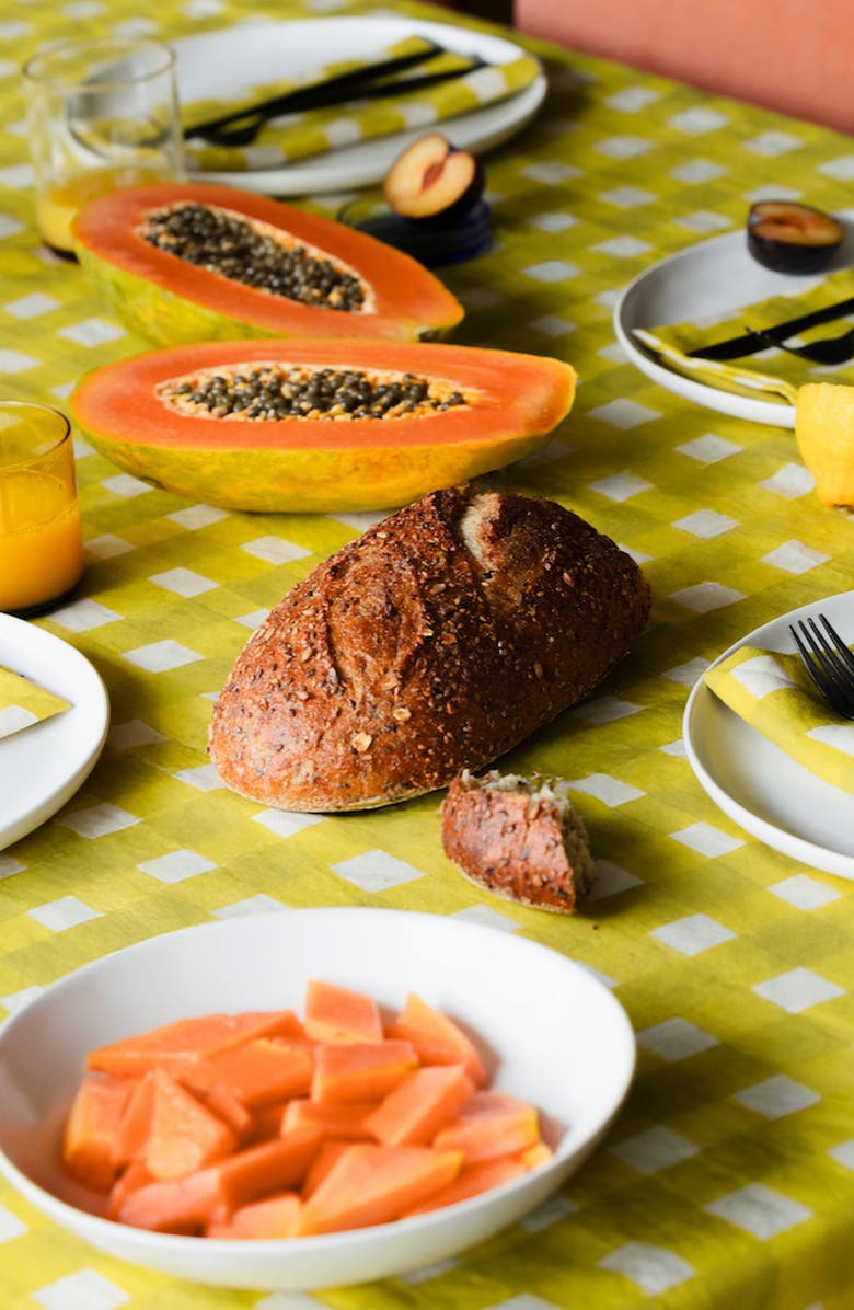 Goldie Home Yellow Cross-Hatch Tablecloth, Alternate, color, Yellow Cross - Gold Trim