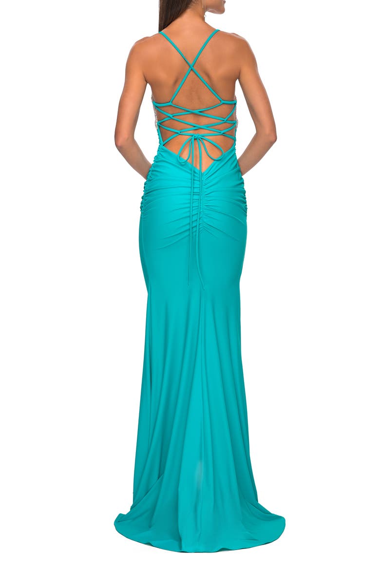 Neon Ruched Jersey Dress with Rhinestone Mesh Draped Top, Alternate, color, Aqua