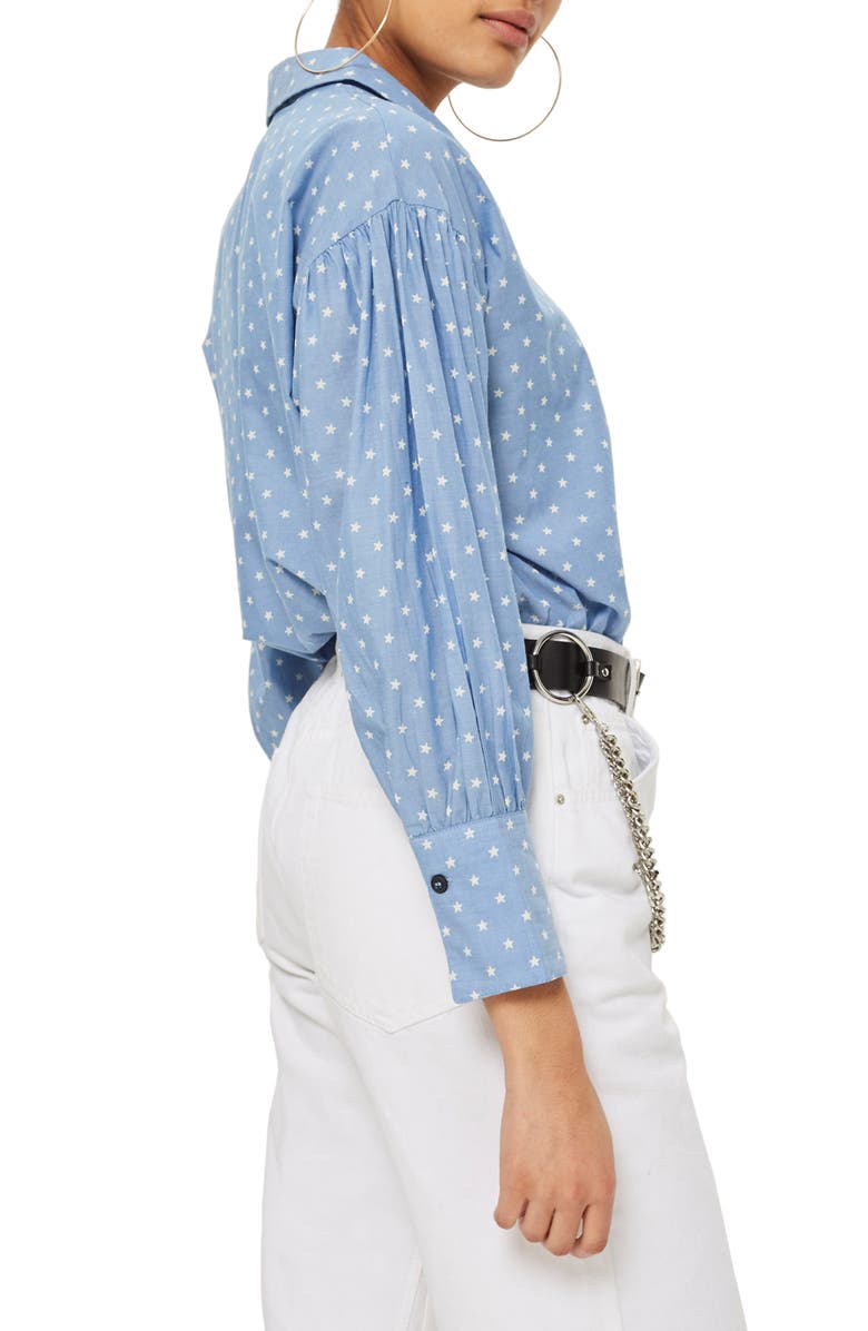 Topshop Star Print Chambray Shirt, Alternate, color, Blue Multi